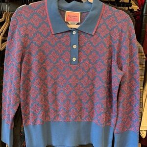 KATE SPADE Iconic Flower Print Polo Sweater Metallic Sporty Chic Preppy Cute L